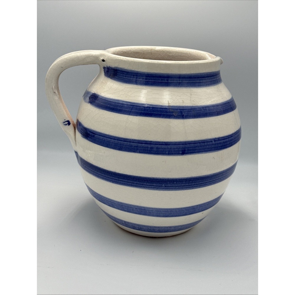 Vintage Pottery Outdoor Plant Pitcher Portugal Stoneware Blue White Striped 1gal